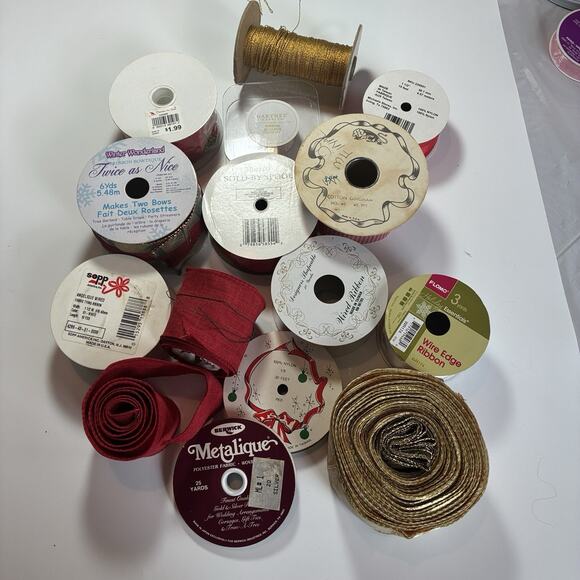 Lot 14 ROLLS CHRISTMAS HOLIDAY Wired RIBBON TRIM VARIOUS length/pattern - Picture 2 of 8